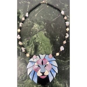 Vintage Lion Necklace Mother Of Pearl Inlay Blue Pink Black Beads Lee Sands 22"